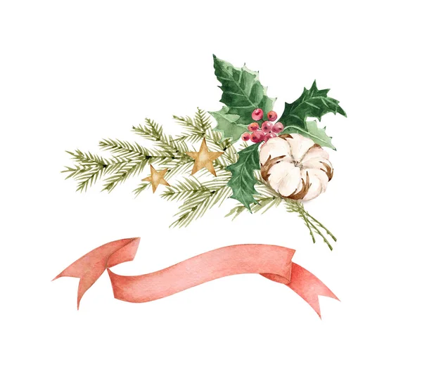 Aquarell Illustration Weihnachten Feiertagsstrauß Mit Tannenzweigen Dekor Und Banner Handmalerei — Stockfoto