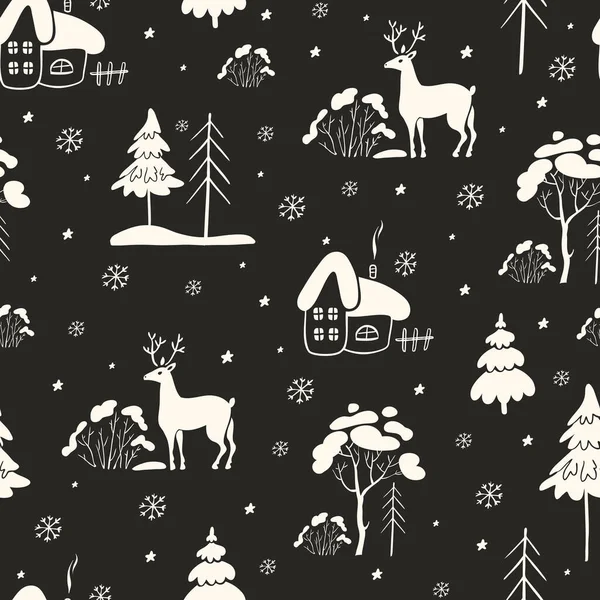 Απρόσκοπτη Διανυσματικό Μοτίβο Απεικόνιση Χειμώνα Χριστουγεννιάτικα Δέντρα Σπίτια Και Ελάφια — Διανυσματικό Αρχείο