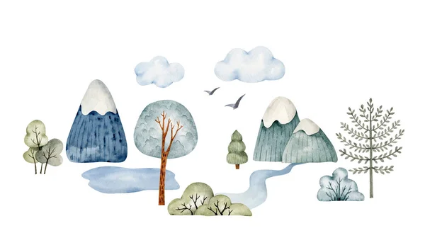 一组水彩画自然 山脉和风景 这是对儿童房设计和明信片手绘的一个例证 — 图库照片