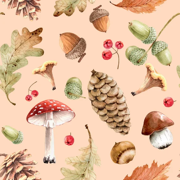 autumn seamless pattern with design of forest plants leaves, cones and mushrooms. hand painted watercolor