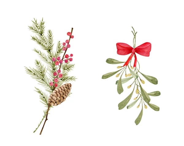 Aquarel Illustraties Kerst Feestelijke Kransen Boeketten Met Sparren Takken Decor — Stockfoto