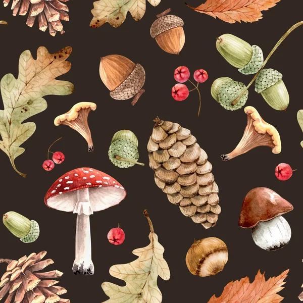 Autumn Seamless Pattern Design Forest Plants Leaves Cones Mushrooms Hand — Stock Photo, Image