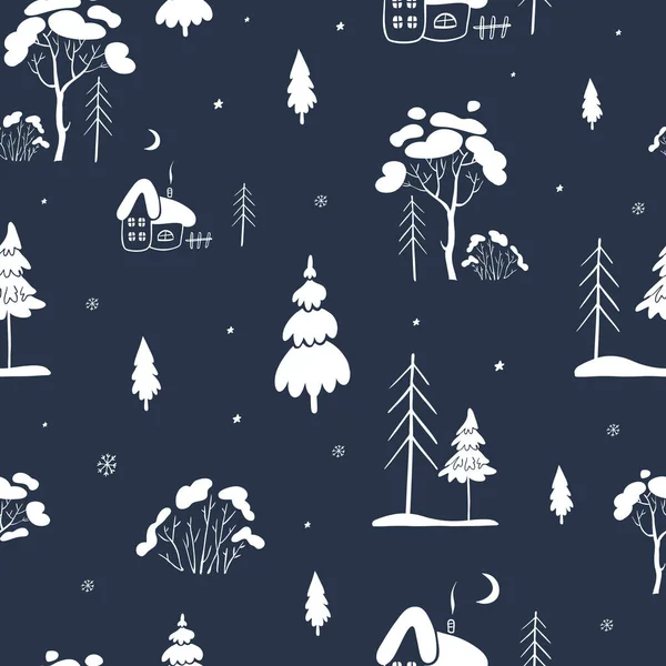 Seamless Vector Pattern Winter Illustration Christmas Tree Trees Houses Forest — Stock Vector