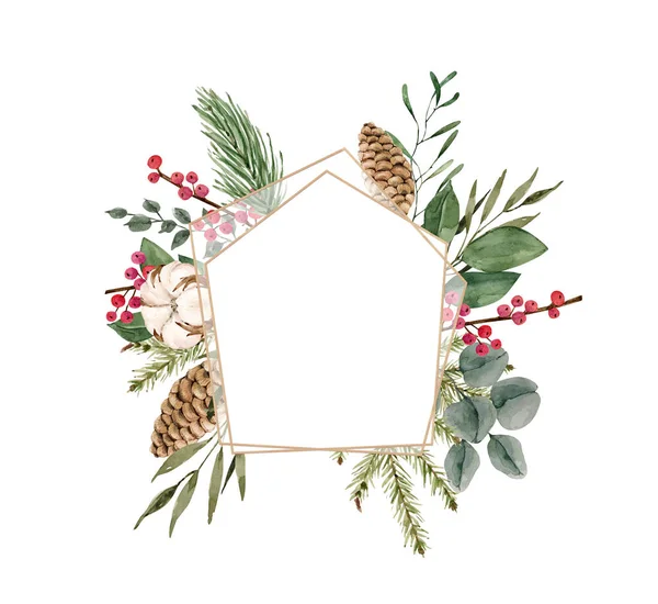 Watercolor Frame Fir Branches Plants Christmas Decor Hand Painted — Stock Photo, Image