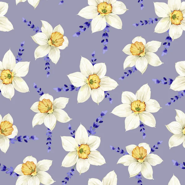 白い水仙の花とラベンダーのシームレスなパターン 水彩画のイラスト — ストック写真