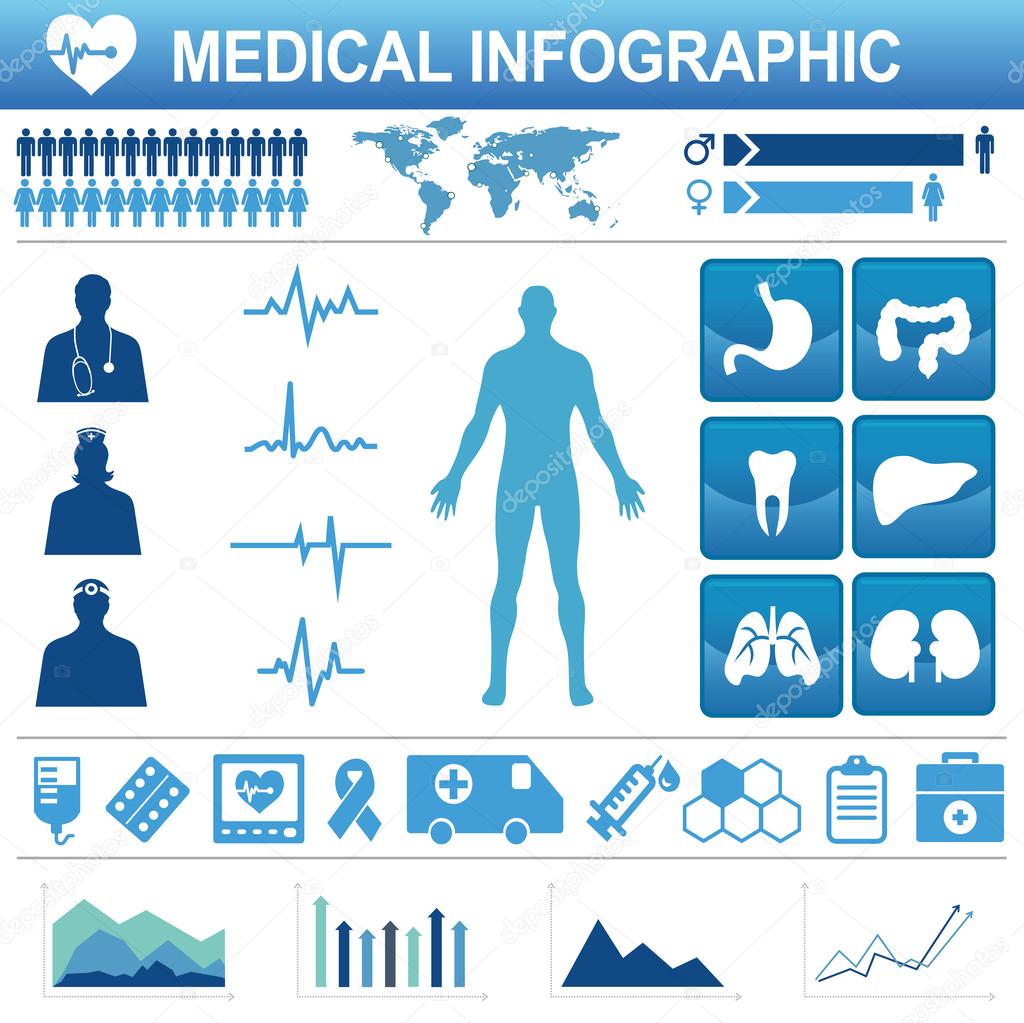 Medical, health and healthcare icons and data elements, infograp