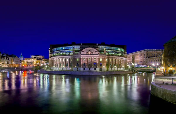 Estocolmo Suécia Abril 2012 Vista Sobre Strommen Riksdagshuset Edifício Parlamento — Fotografia de Stock