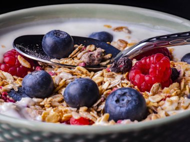 Müsli ve taze berrie ile lezzetli bir yoğurt kasesi.