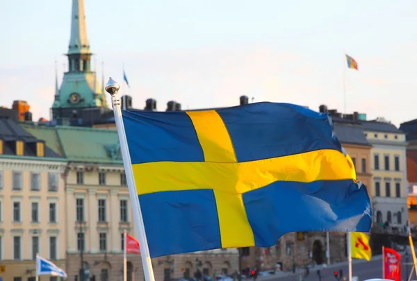 Épület homlokzat svéd zászló — Stock Fotó