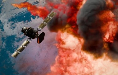 Satellite in Space passing planet on fire, 3D animation