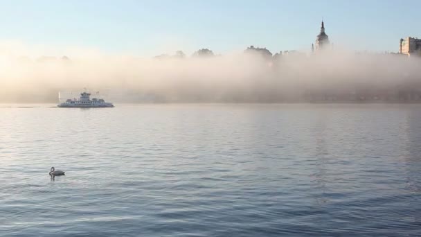 Stockholm City en een boot in de mist — Stockvideo