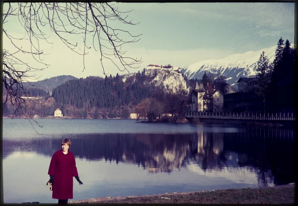 Slide de cor vintage original da década de 1960, jovem mulher em pé junto a um lago no inverno . Fotos De Bancos De Imagens Sem Royalties