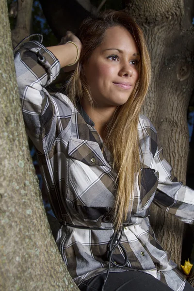 Hermosa mujer en un árbol — Foto de Stock