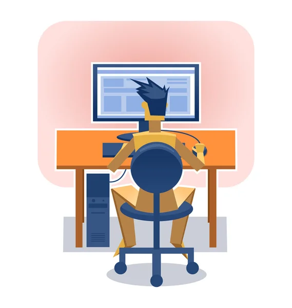 Illustration of a paper man sitting in front of computer — Stock Vector