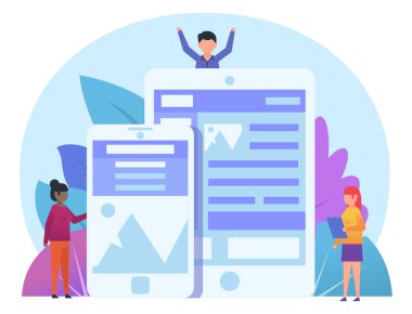 Mobil adaptif web sitesi konsepti. Web tasarımı, programlama ekibi. Sunum için poster, web sayfası, afiş, sosyal medya. Düz tasarım vektör çizimi
