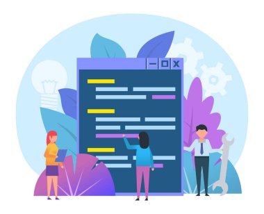 Coding, programming web or desktop application. Small people stand near big page with code. Poster for social media, presentation, web page, banner. Flat design vector illustration clipart svg vector 