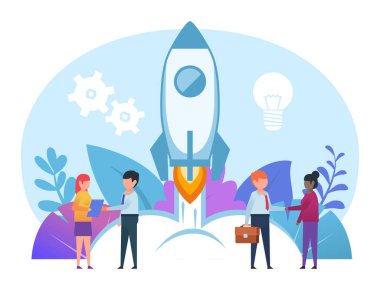 Girişim, başarılı iş anlaşması, sözleşme. İnsanlar roket fırlatmanın yanında duruyor, iş gücü artıyor. Sunum için poster, sosyal medya, afiş, web sayfası. Düz tasarım vektör çizimi