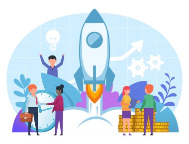 Girişim, yeni iş kurma kavramı. Küçük insanlar roketin fırlatılmasına yakın duruyor. Web sayfası, afiş, sosyal medya, sunum afişi. Düz tasarım vektör çizimi