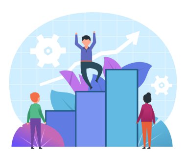 İş hayatında başarı, kariyer gelişimi konsepti. Küçük insanlar büyüme çizelgesinin yanında durur, grafik. Sunum için poster, web sayfası, afiş, sosyal medya. Düz tasarım vektör çizimi