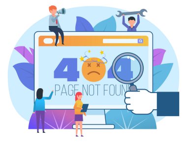 Sayfa bulunamadı. Küçük insanlar web sitesinin yanında 404 hatayla duruyorlar. Sosyal medya, web sayfası, afiş, sunum afişi. Düz tasarım vektör çizimi