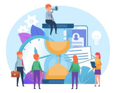 Başarılı zaman yönetimi kavramı. Küçük insanlar büyük kum saatlerinin, gündüz planlarının, iş yerlerinin yanında dururlar. Sosyal medya, afiş, web sayfası, sunum afişi. Düz tasarım vektör çizimi