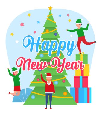 Yeni yıl bayrağı. Noel öğeleri, insanlar kutlar. Web sayfası, sosyal medya, afiş, sunum için poster. Düz tasarım vektör çizimi