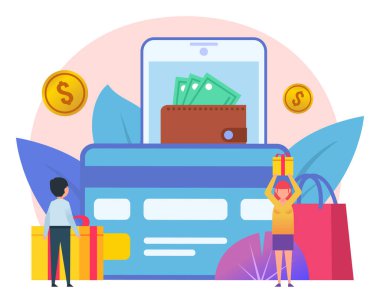 İnternetten alışveriş, internet cüzdanı. Küçük insanlar büyük kredi kartı, akıllı telefon ve paranın yanında dururlar. Web sayfası, afiş, sosyal medya, sunum afişi. Düz tasarım vektör çizimi