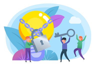 Anahtarı bul, başarının çözümü. Adam açık fikirli olmanın anahtarını elinde tutuyor. Web sayfası, sosyal medya, afiş, sunum için poster. Düz tasarım vektör çizimi