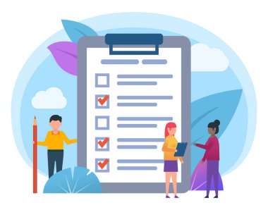 Yapılacaklar listesi, internet anketi formu. Küçük insanlar anket formlarıyla büyük panoların yanında duruyorlar. Web sayfası, sosyal medya, afiş, sunum için poster. Düz tasarım vektör çizimi