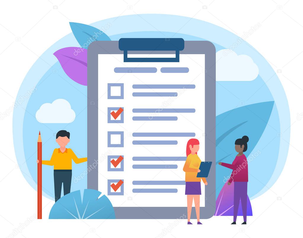 To do list, web poll form. Small people stand near big clipboard with poll form. Poster for web page, social media, banner, presentation. Flat design vector illustration