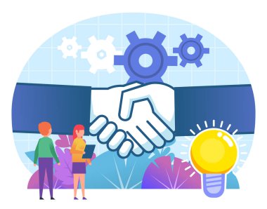 İş anlaşması, anlaşma, sözleşme konsepti. Küçük insanlar büyük ellerin tokalaştığı yerde duruyor. Sosyal medya, web sayfası, afiş, sunum afişi. Düz tasarım vektör çizimi