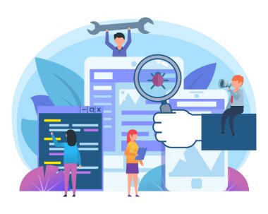 Uygulama stresi testi, böcek temizleme, kodlama. Küçük insanlar büyük akıllı telefonun yanında dururlar. Sosyal medya, web sayfası, afiş, sunum afişi. Düz tasarım vektör çizimi