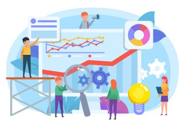 İş büyümesi, analitik, istatistik. Küçük insanlar çeşitli grafiklerle büyük ekranın yanında dururlar. Sosyal medya, web sayfası, afiş, sunum afişi. Düz tasarım vektör çizimi