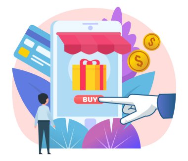 Mobil, tek tıklamayla online alışveriş. Akıllı telefonda el ile satın alma düğmesine bas. Sosyal medya, sunum, web sayfası, afiş. Düz tasarım vektör çizimi