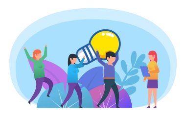 Takım, iş kurma, takım çalışması, beyin fırtınası. Küçük insanların elinde büyük bir ampul var. Sosyal medya, web sayfası, afiş, sunum afişi. Düz tasarım vektör çizimi