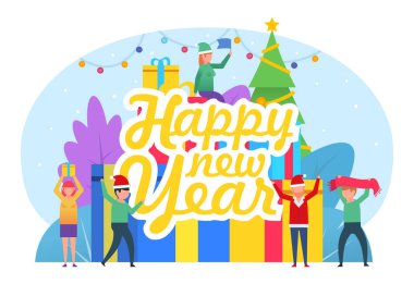 Yeni yıl tebrik kartı. Birçok insan Noel ağacının yanında, hediye kutularında kutlama yapıyor. Web sayfası, sosyal medya, afiş, sunum için poster. Düz tasarım vektör çizimi