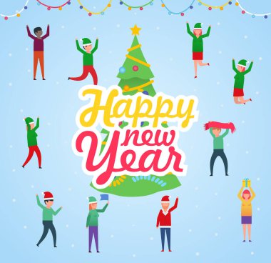 Yeni yıl tebrik kartı. Birçok insan Noel ağacının yanında kutlama yapar. Web sayfası, sosyal medya, afiş, sunum için poster. Düz tasarım vektör çizimi