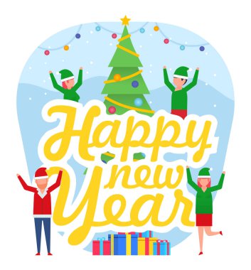 Yeni yıl tebrik kartı. Birçok insan Noel ağacının yanında kutlama yapar. Web sayfası, sosyal medya, afiş, sunum için poster. Düz tasarım vektör çizimi