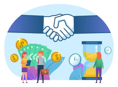 İş konseptinde zaman ve para, başarılı bir anlaşma. Web sayfası, afiş, sosyal medya, sunum afişi. Düz tasarım vektör çizimi