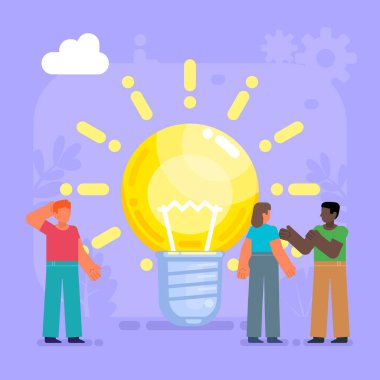 Beyin fırtınası takımı, iş fikri, başlangıç. İnsanlar büyük bir ampulün yanında durup tartışıyor. Modern vektör illüstrasyonu