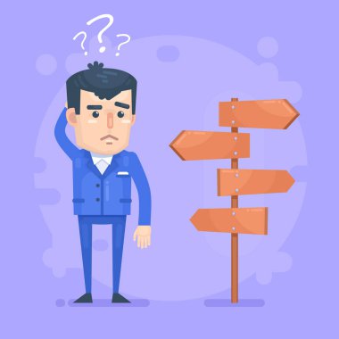 Kavşaktaki kafası karışmış adam düşünüyor, gelecek planları yapıyor, yolu seçiyor. Modern vektör illüstrasyonu