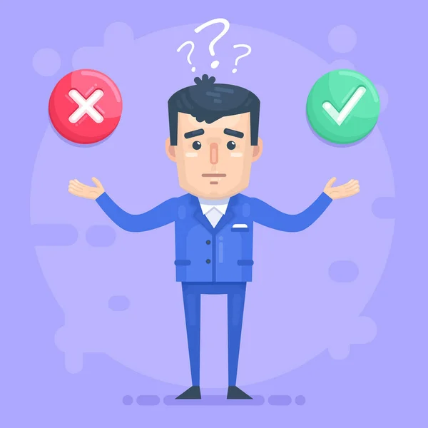 Confused Man Think Accept Decline Offer Make Decision Hard Question — Stock Vector