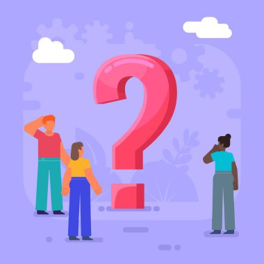 Sıkça sorulan sorular, destek servisi, problem çözme. İnsanlar büyük soru işaretinin yanında duruyor. Modern vektör illüstrasyonu