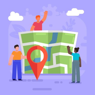 Bağlantılar, konum noktası. Erkek ve kadın büyük haritanın yanında duruyor, lokasyon iğnesi. Modern vektör illüstrasyonu