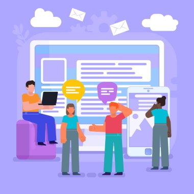 Web uygulaması geliştiriliyor. Bir grup insan büyük bir web sitesinin, cep telefonunun yanında duruyor. Modern vektör illüstrasyonu