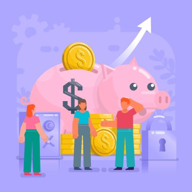 Kârlı depozito, gelir, tasarruf artışı. Bir grup insan büyük domuz kumbarasının yanında duruyor. Modern vektör illüstrasyonu