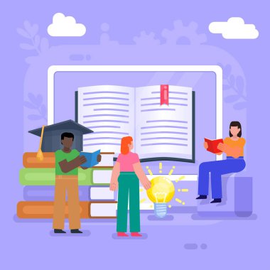 Çevrimiçi eğitim, dersler, kütüphane. Bir grup insan elinde kitapla büyük ekranın yanında duruyor. Modern vektör illüstrasyonu