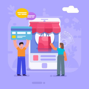İnternetten alışveriş, internette ticaret. Bir grup insan internet mağazasında, büyük akıllı telefonun yanında duruyor. Modern vektör illüstrasyonu
