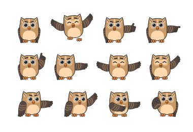 Çeşitli el hareketleri gösteren bir grup kahverengi baykuş. Baykuş maskotu işaret ediyor, selamlıyor, kutluyor, zıplıyor, baş parmağını kaldırıyor ve diğer jestleri gösteriyor. Modern vektör illüstrasyonu