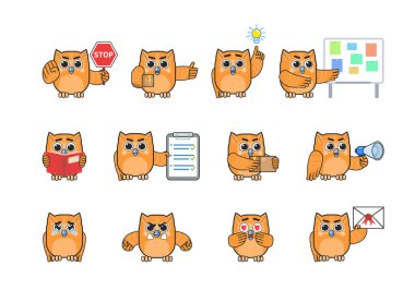 Çeşitli eylemleri gösteren sarı baykuş karakterleri. Şirin baykuş maskotu elinde dur işareti, paket kutusu, fikir ampulü, kitap okumak ve diğer eylemleri göstermek. Modern vektör illüstrasyonu